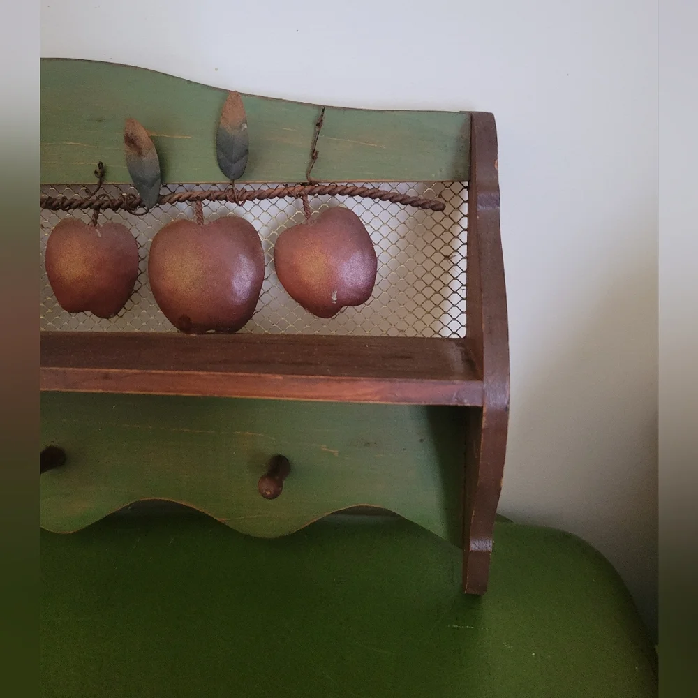 Rustic Wood & Metal Apple Wall Hook Shelf Rack - Green Burgundy Brown